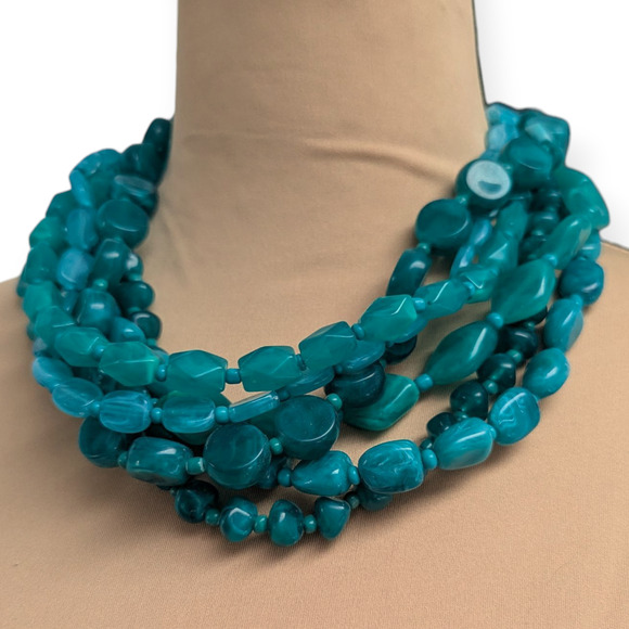 Vintage Twisted 6-Strand Beaded Resin Turquoise Choker Necklace - Picture 2 of 5